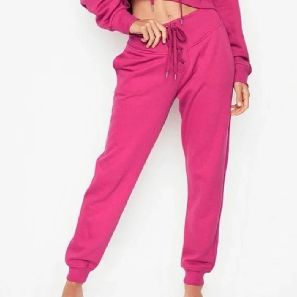 Victoria's Secret Cotton Fleece Lace Up High Waist Joggers pants Xlarge Pink